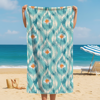 Serviette de bain et couverture de plage surdimensionnées en microfibre antimicrobienne écologique à séchage rapide, motif Ikat turquoise, sans sable, super absorbante