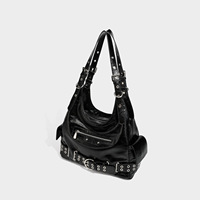 Sac fourre-tout noir haut de gamme grande capacité pour femme, style rétro européen et américain, avec fermeture éclair, sac à bandoulière style motard, design de niche