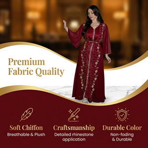 Abaya ouverte deux pièces pour femmes, en mousseline de soie, avec robe intérieure soyeuse, strass thermocollés, OEM - Product Image 3