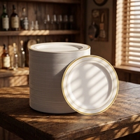 Assiettes jetables en plastique blanc sans BPA avec double bord doré, assiettes rondes robustes, vaisselle élégante pour mariage et fête
