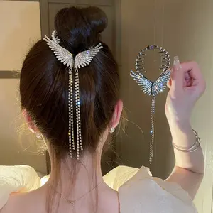 Grampo de cabelo com strass brilhante, com asas de anjo, elegante borla pérola, rabo de cavalo, acessório para cabelo de mulheres e meninas