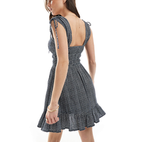 Robe Courte Femme Personnalisée à Col Carré et Bretelles Nouées, Imprimé Géométrique, Dos Ouvert, Ourlet Volanté, Fluide et Décontractée pour l'Été et la Plage