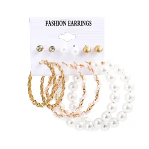 Woying High Quality Fashion Leopard Cross Earrings Mixed Design Drop Dangle Rattan Hoop Pearl Set Jewelry Wholesale Earring