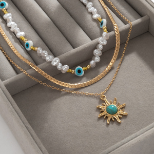 Collier multi-couches bohème pour femme, perle baroque, turquoise, pendentif soleil, acier inoxydable 316L plaqué or, chaîne empilable, bijoux - Product Image 1
