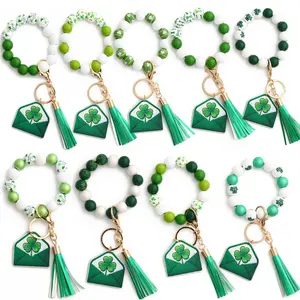 2024 New St. Patrick's Festival Ornament Shamrock pendant Bangle Irish Festival Wooden Bead Bracelet Keychain