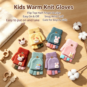 Gants d'hiver tricotés chauds pour enfants, mitaines sans doigts à rabat, doublure polaire thermique, pour le ski et l'écriture, en acrylique/coton jacquard, personnalisables - Product Image 5