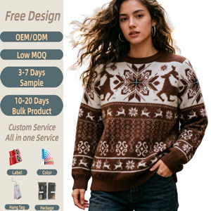 Suéter Navideño Rojo Unisex, Suéter Vintage con Diseño <span class=keywords><strong>de</strong></span> Reno y Copo <span class=keywords><strong>de</strong></span> Nieve, Tejido Jacquard, Cuello Redondo, Cálido y Divertido - Product Image 1