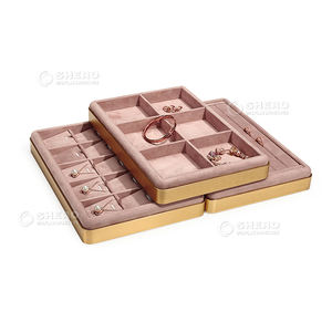 Plateau de présentation de bijoux de comptoir personnalisé plateau de bijoux en bois velours rose plateau de velours pour bijoux - Product Image 2
