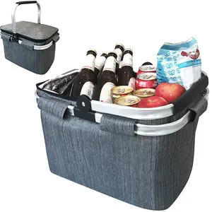 Large Capacity Waterproof Foldable Insulated Lunch Tote Cooler Bag Outdoor Leakproof Picnic Basket with Lid