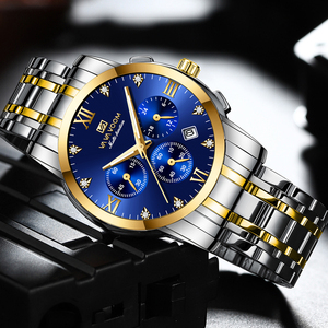 Montre de luxe pour homme avec accent doré, cadran bleu, bracelet en acier inoxydable, montre-bracelet pour messieurs - Product Image 4