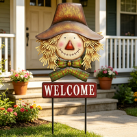 Piquet de bienvenue artisanal en métal pour l'extérieur, motif élogeuse avec chapeau et nœud, pour la décoration de jardin et pelouse en automne