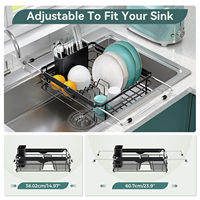 WIREKING Égouttoir à vaisselle extensible en acier au carbone pour évier, avec plateau de drainage, porte-assiettes, section à ustensiles, organisateur de cuisine portable