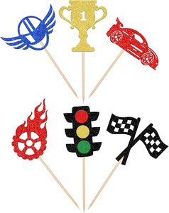 Décorations de cupcakes sur le thème des voitures de course : feux de circulation, roues, trophées, drapeaux, casques, pics à cupcakes pour fête d'anniversaire de garçon sur le thème de la course - Product Image 2