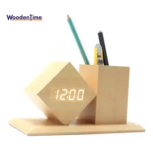 Desk Wood Pen Container Holder LED Digital Alarm Clock With Temperature Time Date