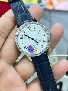 Reloj automático premium para mujer con fase lunar, bisel con incrustaciones de diamantes, esfera con efecto rayos de sol, correa de cuero azul, reloj de pulsera de lujo a la moda - Product Image 2