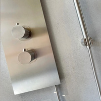 Ensemble de douche mural moderne et minimaliste en acier inoxydable chromé brossé, avec jet de pluie et douchette à double sortie d'eau pour salle de bain