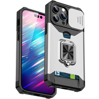 Étui de téléphone portable en TPU PC antichoc, coque arrière, protection de l'objectif coulissant, béquille, porte-cartes inclus pour iPhone 15 Pro Max 16 Plus