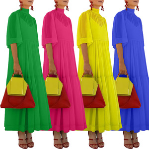 เดรสยาวแขนสั้นผ้าชีฟองสำหรับผู้หญิง ดีไซน์ต่อผ้าแบบใหม่ พร้อมสายคล้องคอสุดแฟชั่น - Product Image 2