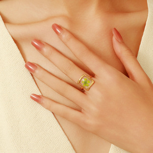 Stainless Steel <b>Ring</b> Gold Plated <b>Titanium</b> Steel Square Geometric Shape Green Dried Flower Inlay Unisex Jewelry Gift - Product Image 2