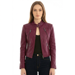 Chaqueta de Motociclista para Mujer, Color Borgoña, Cuero Genuino, Resistente al Viento, con Bloques de Color, Manga Larga, Cuello Alto, Cierre de Cremallera - Product Image 1