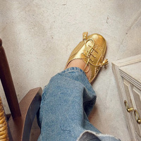 ANSU As2532 Chaussures plates pour femme en cuir véritable doré, personnalisées, à bout sculpté, à découpe basse, à bride en T, avec nœud, semelle intermédiaire en toile légère