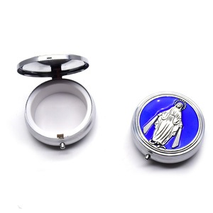 Caja redonda de aleación de zinc para joyería, tapa con espejo de 6cm, estuche de almacenamiento con diseño religioso para regalo de collar de rosario - Product Image 5