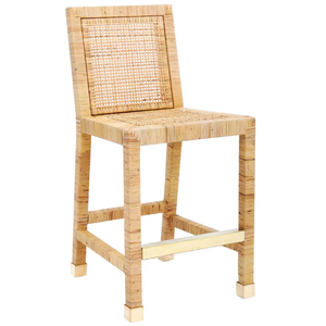 Modern Rattan and Linen Bar/Counter <b>Stool</b> with <b>Wood</b> Base for Home Bar and Restaurant Use - Product Image 4