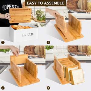 Recipiente de almacenamiento de pan de metal con tapa de tabla de cortar Caja de pan con rebanador de pan de Bambú - Product Image 5