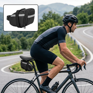 Bolsa para sillín de bicicleta, cierre de cremallera de nailon, correa ajustable, accesorio deportivo para bicicleta, color negro sólido - Product Image 1