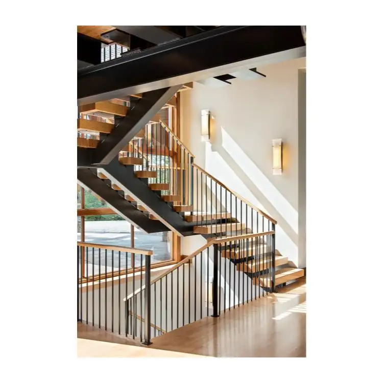 Modern Home Floating Stairs Decoration Staircase Design Wooden Treads Fixing with 12mm Glass Railing Staircase