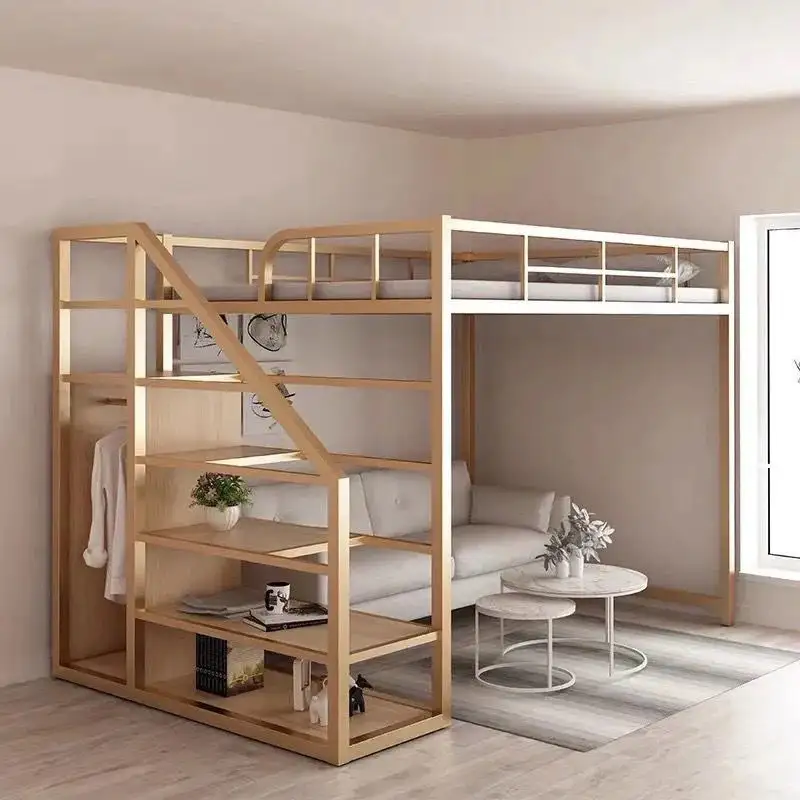 Cama loft para quarto pequeno, com beliches altos e baixos, economizador de espaço, design duplex, ferro multifuncional, metal moderno