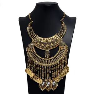 Новое богемное винтажное ожерелье с кисточками, винтажное этническое стильное племенное ожерелье с подвеской из сплава, широкое длинное ожерелье