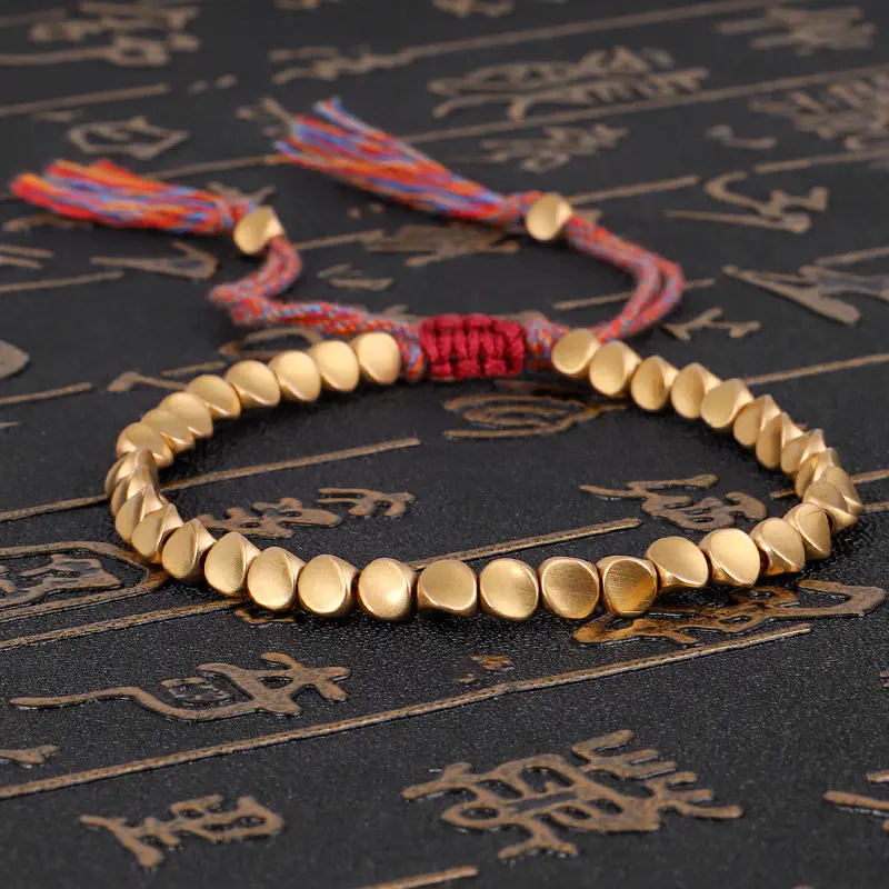 Bracelet en corde de perles de cuivre tibétain fait à la main pour femmes et hommes, Bracelets en fil de coton, cadeau de bijoux Unique