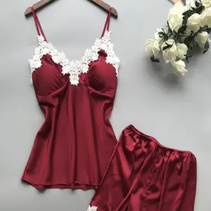 Yjc0076 conjunto feminino sexy, roupa íntima de casa em duas peças, renda sensual, roupa de dormir em cetim