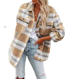 Customized Winter Outdoor Plaid Shacket Long Sleeve Fleece Jackets Women Coats