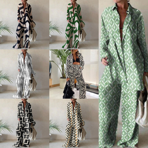 Ensemble 2 pièces pour femmes S-5XL : chemise longue ample et pantalon long, imprimé, manches longues, col en V boutonné, col à revers, tenue décontractée pour les vacances - Product Image 1