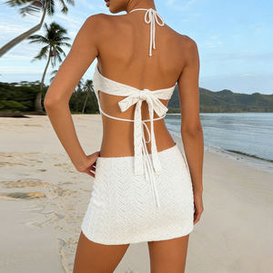 Vestido Blanco de Punto Calado Sexy para Vacaciones en la Playa, Elegante, Ajustado, Retro, con Cuentas, Halter, Sin Espalda, Ajuste Delgado, Cintura Natural, para Mujer - Product Image 3