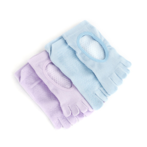 Chaussettes de yoga en coton à cinq doigts, tricotées plates, avec logo personnalisé, talon <span class=keywords><strong>creux</strong></span>, antidérapantes, <span class=keywords><strong>pour</strong></span> studio de fitness, violet et bleu - Product Image 6