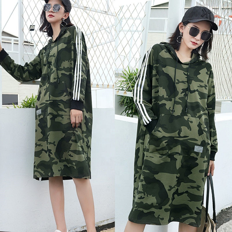 Осенние женские модные платья с длинным рукавом и капюшоном, камуфляжное платье-свитшот большого размера