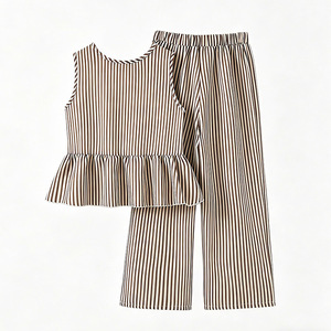 Ensemble haut rayé sans manches à volants et pantalon ample à jambes droites pour enfants, confort illimité, idéal pour les activités quotidiennes décontractées, tenue d'été - Product Image 5