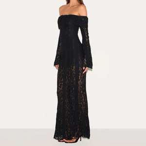 Vestido Maxi Negro de Encaje con Hombros Descubiertos, Estilo Gótico Sexy, Ropa Personalizada de Fábrica Wisrise para <span class=keywords><strong>Mujer</strong></span> - Product Image 3