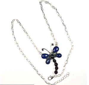 Collar con colgante de mariposa de plata de ley 925 con lapislázuli azul y granate granate, engaste en bisel, para mujer, uso diario - Product Image 2