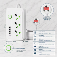 Multiprise universelle robuste avec 3 prises, interrupteurs individuels, 4 ports USB et câble de 2m pour maison et bureau (prise UK)
