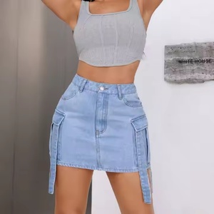 Mini-jupes d'été personnalisées avec logo, taille haute élastique, en jean de coton pour femmes, vente en gros - Product Image 5