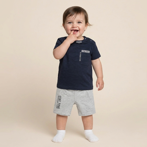 Conjunto de camiseta de algodón para bebés con bolsillo y pantalones cortos estampados, conjunto informal de verano para bebés, suave y transpirable - Product Image 1
