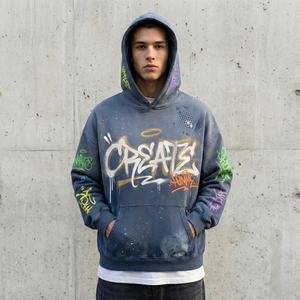 fashion Streetwear Oversized Hoodie Acid Wash heavy cotton Colorful <b>Spray</b> <b>Paint</b> Graffiti Letter Graphic men hoodie hot supplier - Product Image 1