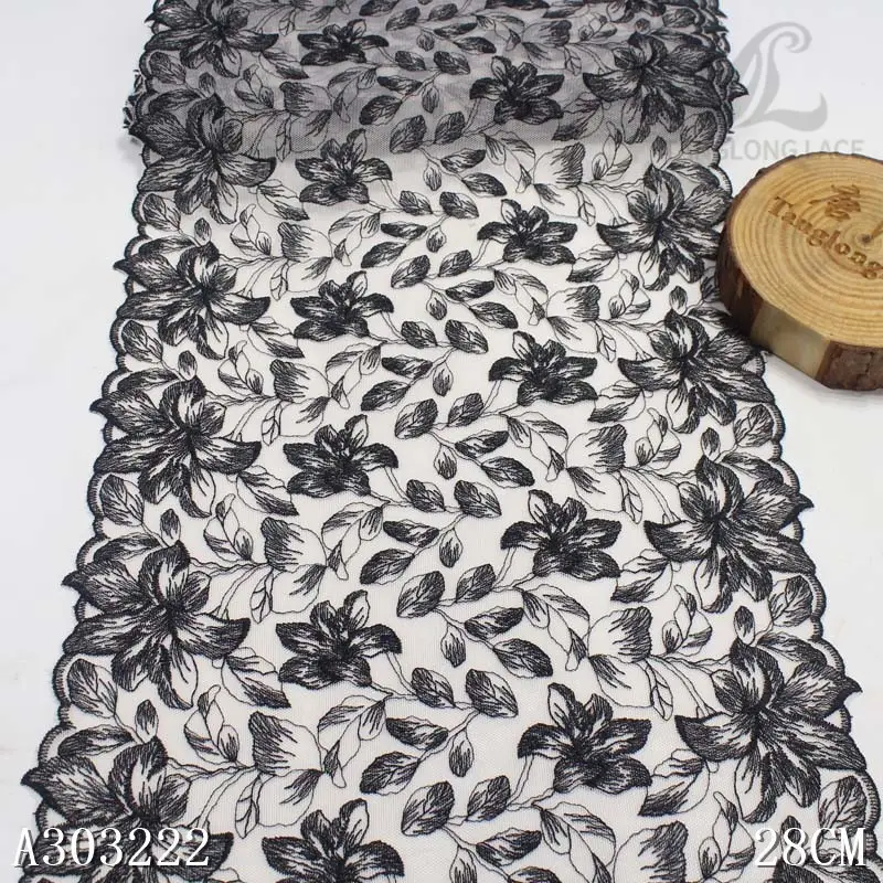 Classic Design Polyester Black Flower Beige Net Lace 28cm Embroidery Mesh Fabric for Lady Dress