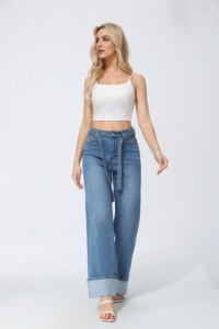 Jeans a Vita Alta e Gamba Larga con Dettagli in Paillettes Vestibilità Comoda Lunghezza Intera in Cotone Stonewashed Stile Casual - Product Image 3