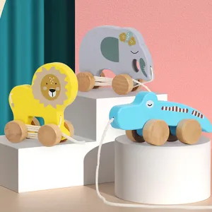 2023 милые Мультяшные животные Лев Слон игра тянуть веревку перетаскивание игрушка инерция автомобиль деревянные игрушки