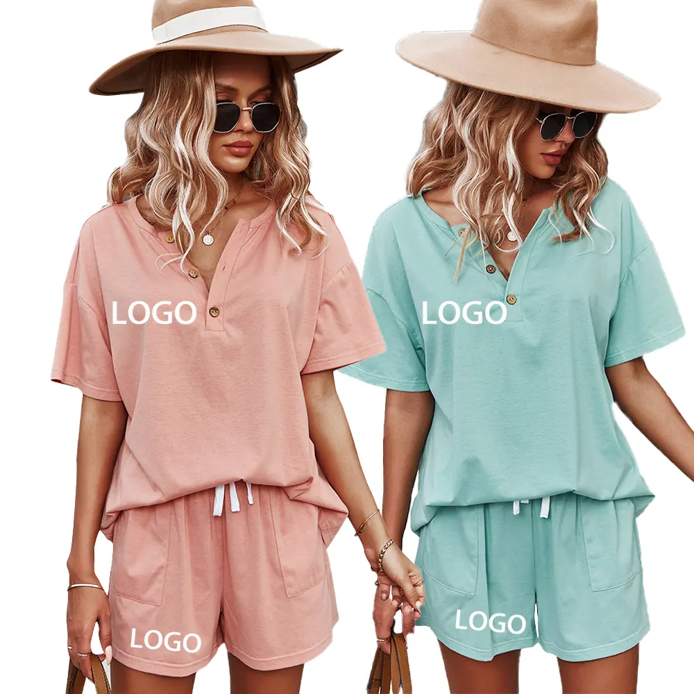 Wholesale women casual summer outfits two piece set clothing custom shirt and shorts set